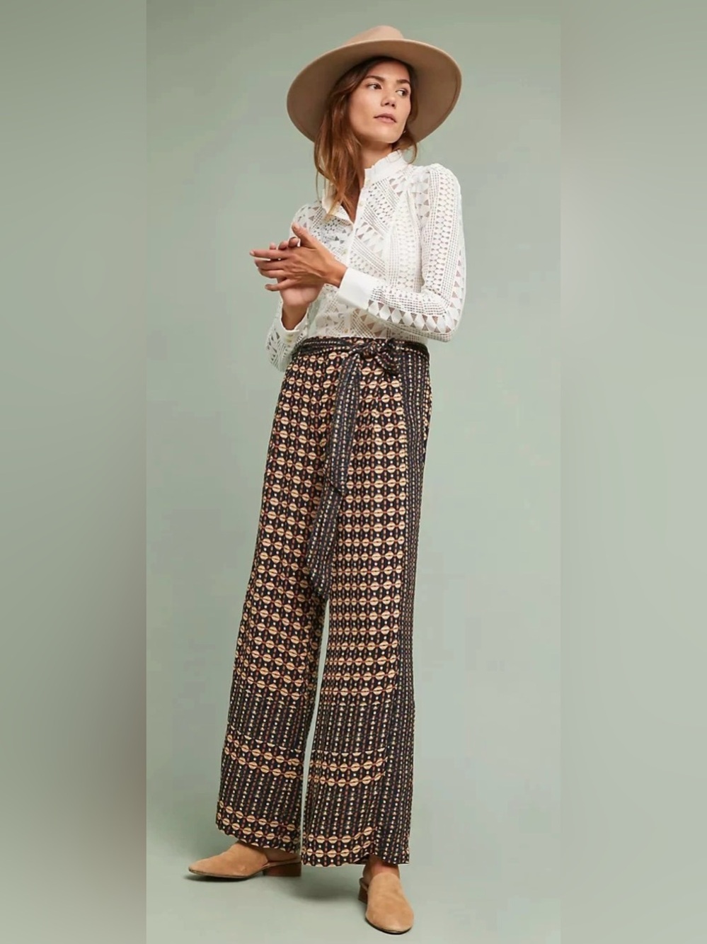 Anthropologie Black & Tan Patterned Wide-Leg Pants